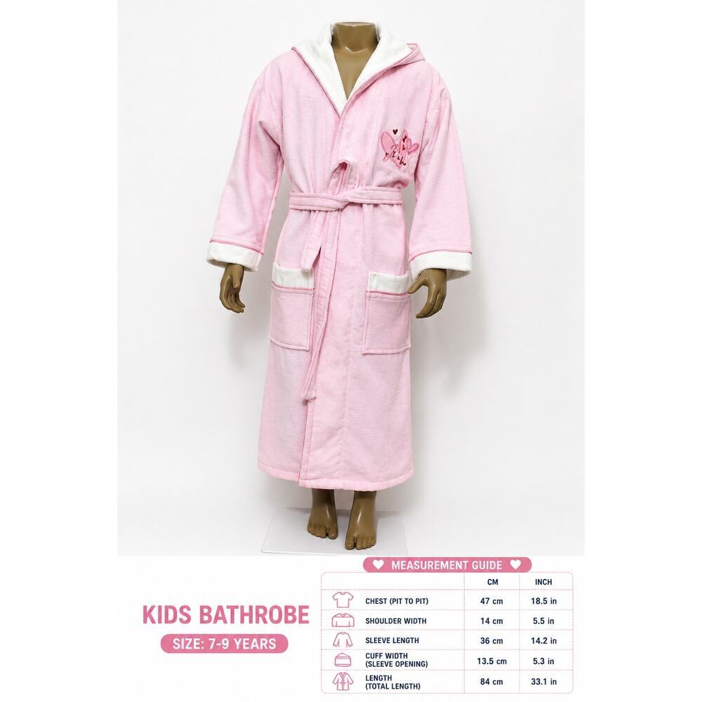 Kids Pink Bathrobe 100% Cotton Hooded Soft Lined Robe Cozy 7-9Y - Picture 6 of 6